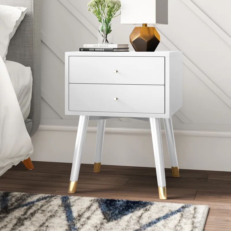 White Mid-Century Modern 2-Drawer Nightstand with Gold Accents