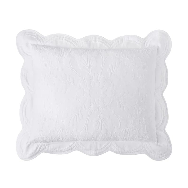 White Cotton Floral Matelassé Standard Sham with Scalloped Edges