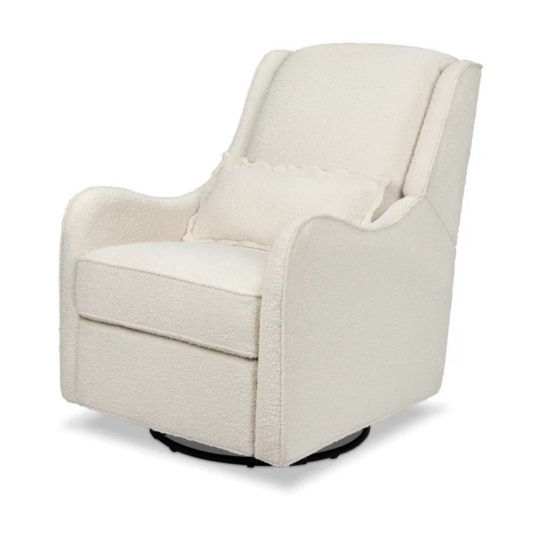 Ivory Boucle Swivel Recliner with Wood Base