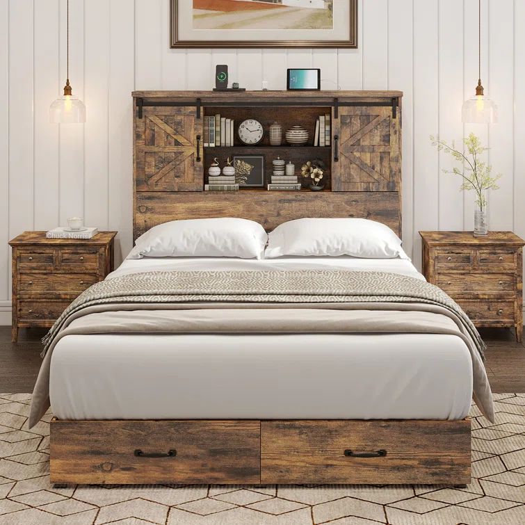 Rustic Brown Full Size Wood Platform Bed with Bookcase Headboard and Storage