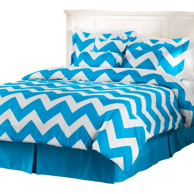 Queen Blue and White Microfiber Chevron Comforter Set