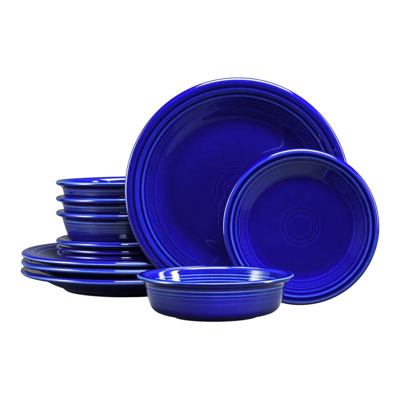 Twilight Blue Ceramic 12-Piece Dinnerware Set with Fluted Design