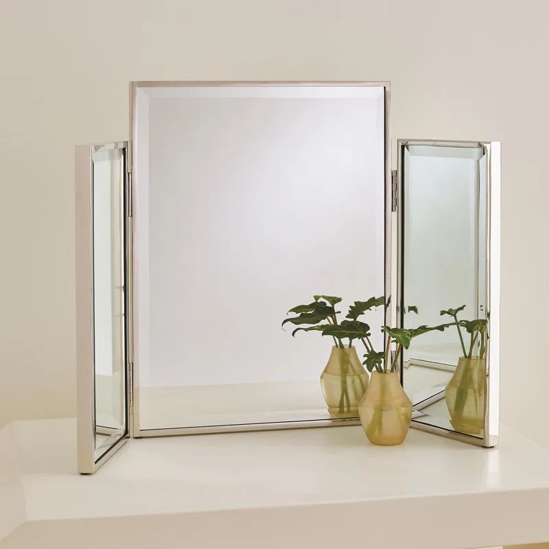 Nickel Tri-Fold Vanity Mirror with Brass Trim