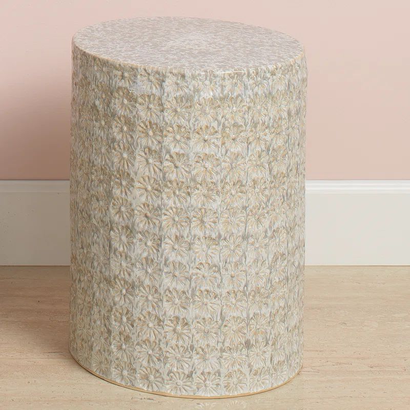 Cream Floral Embossed Ceramic Drum Side Table