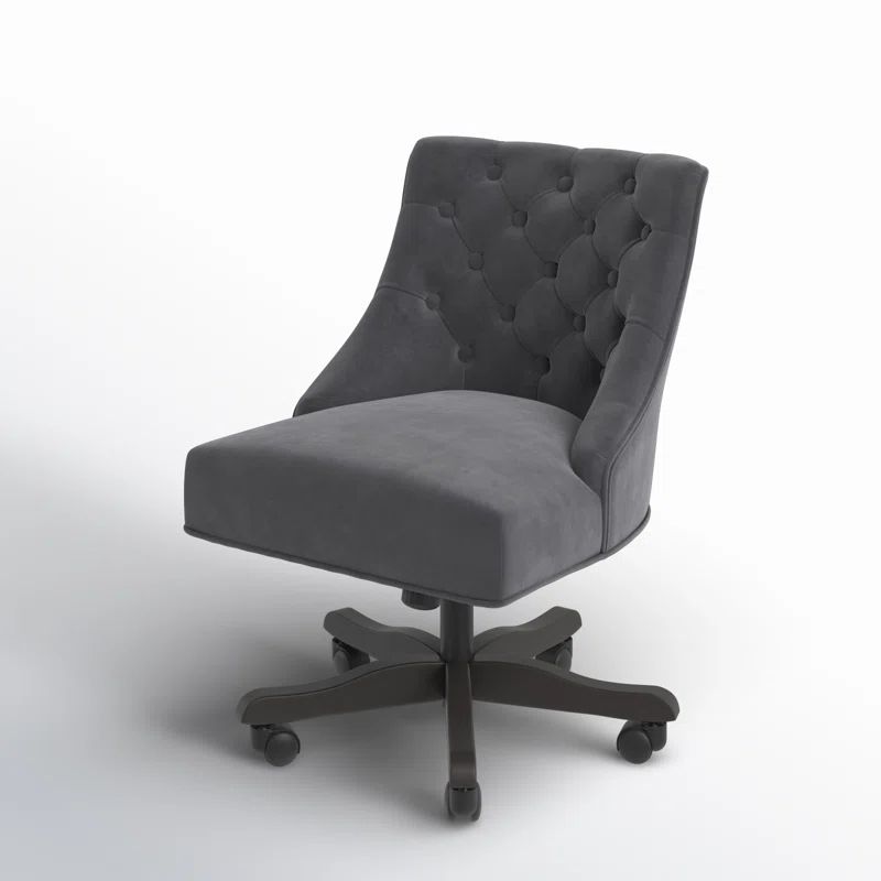 Elegant Gray Tufted Transitional Swivel Desk Chair in Wood Finish