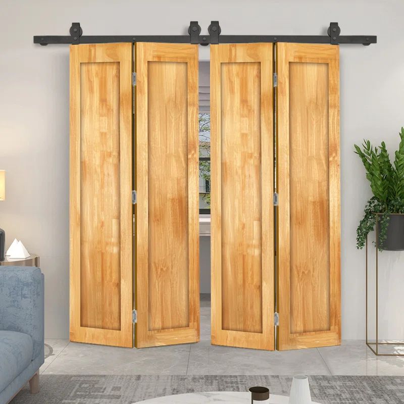 Weather Oak Stained Pine Double Bi-Fold Barn Door with Black Hardware