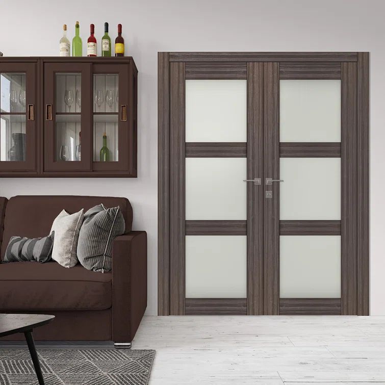 Gray Oak Composite Double Prehung French Door with Frosted Glass