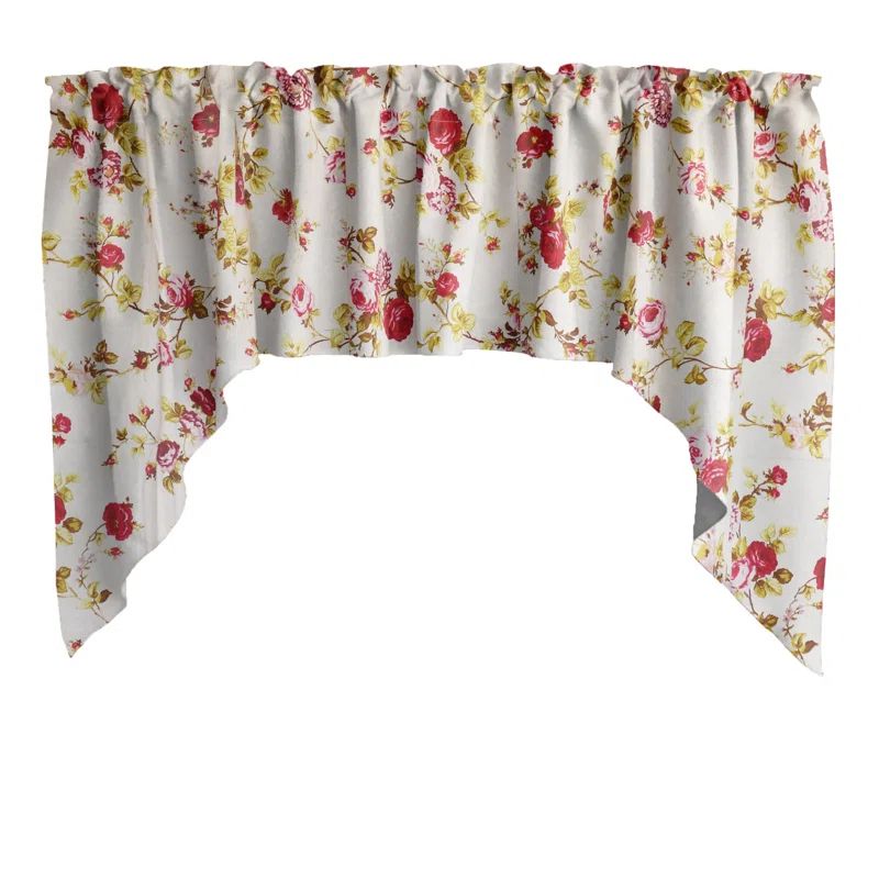 Red Floral Cotton Swag Valance with Vintage Roses Print