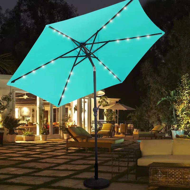 7.5 Ft Peacock Blue Solar LED Lighted Patio Umbrella