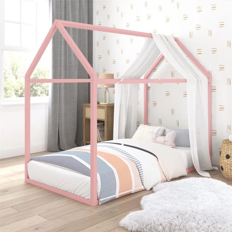 Blush Metal Twin Montessori House Bed with Canopy and Drawer