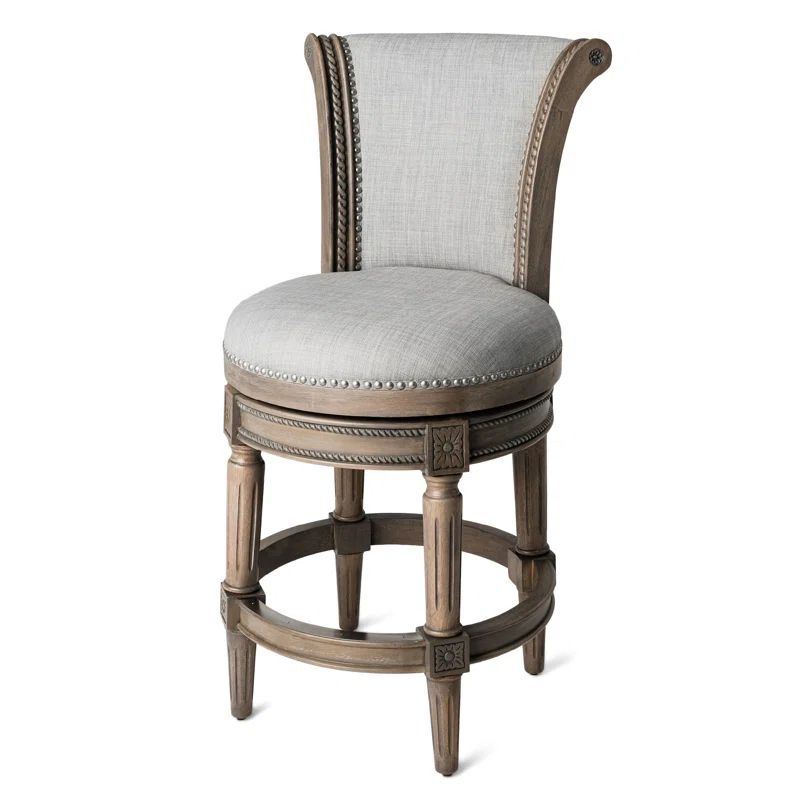 Gray High-Back Swivel Counter Stool with Oak Wood Frame