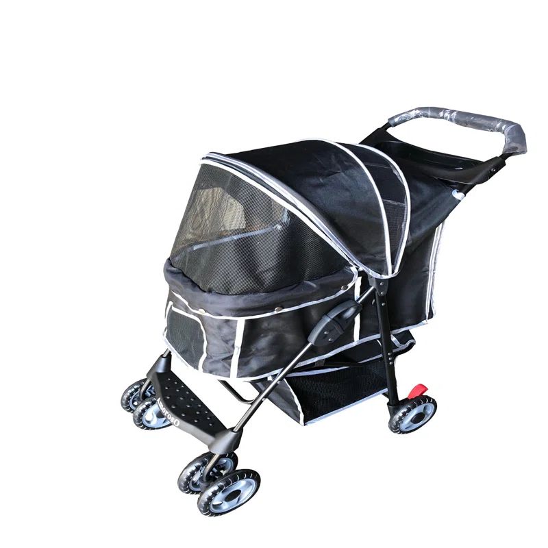 Black Polyester Pet Stroller with Storage Basket