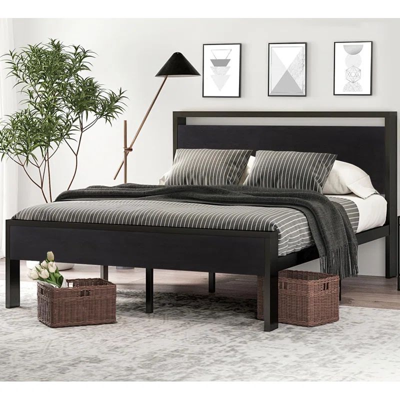 Black Oak Queen Metal Platform Bed Frame with Wooden Headboard