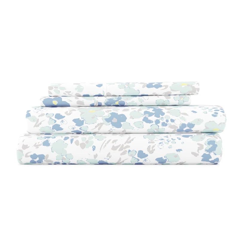 Queen Light Blue Floral Microfiber Deep Pocket Sheet Set
