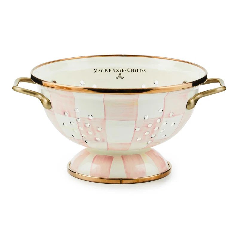 Small Pink and White Enamel Colander with Brass Handles