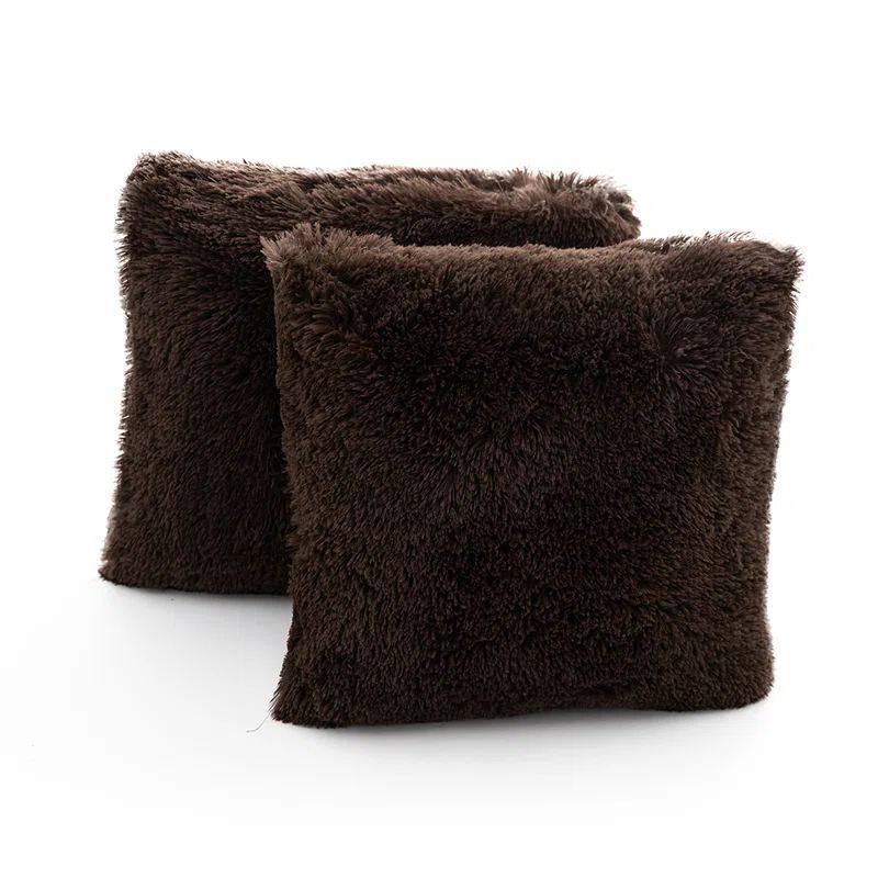 Chocolate Faux Fur Shaggy Throw Pillows Set of 2, 18" x 18"