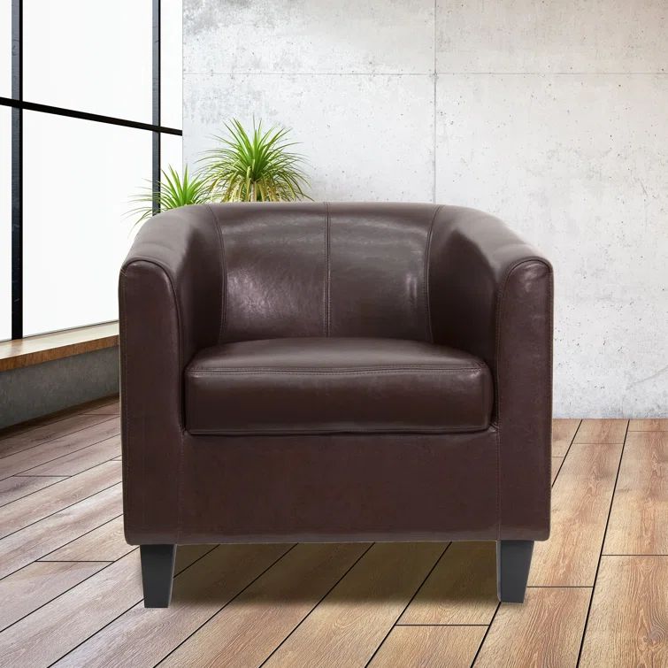 Brown Leather Armchair with Fixed Arms and Wood Legs