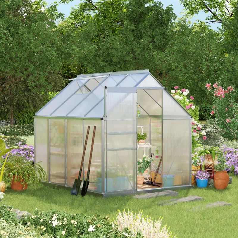 Silver Polycarbonate Walk-In Garden Greenhouse with Aluminum Frame