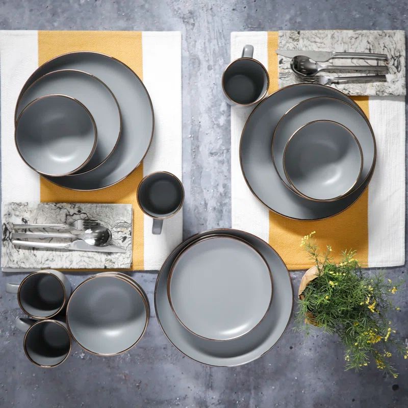 Gray and Gold Rim Ceramic Dinnerware Set, Service for 4