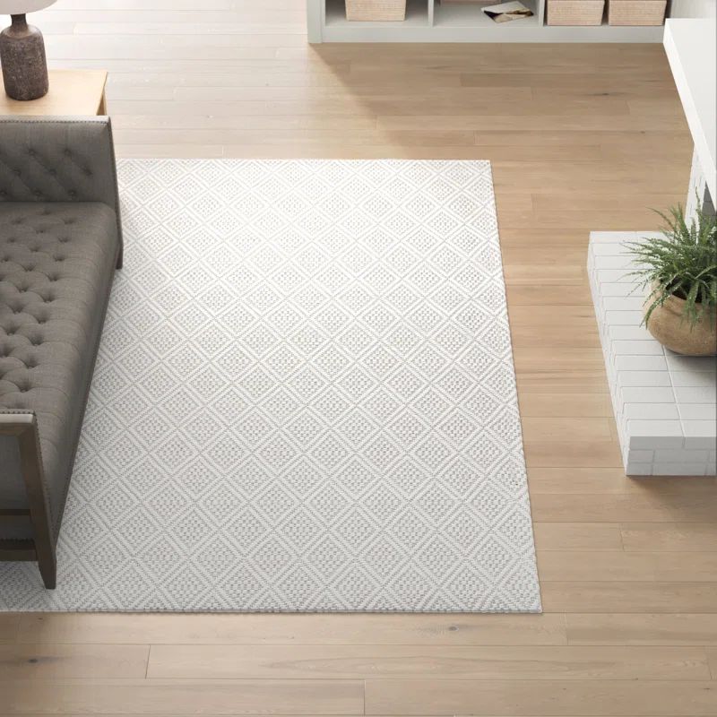 Ivory Geometric Flatweave Wool Area Rug, 5' x 8'