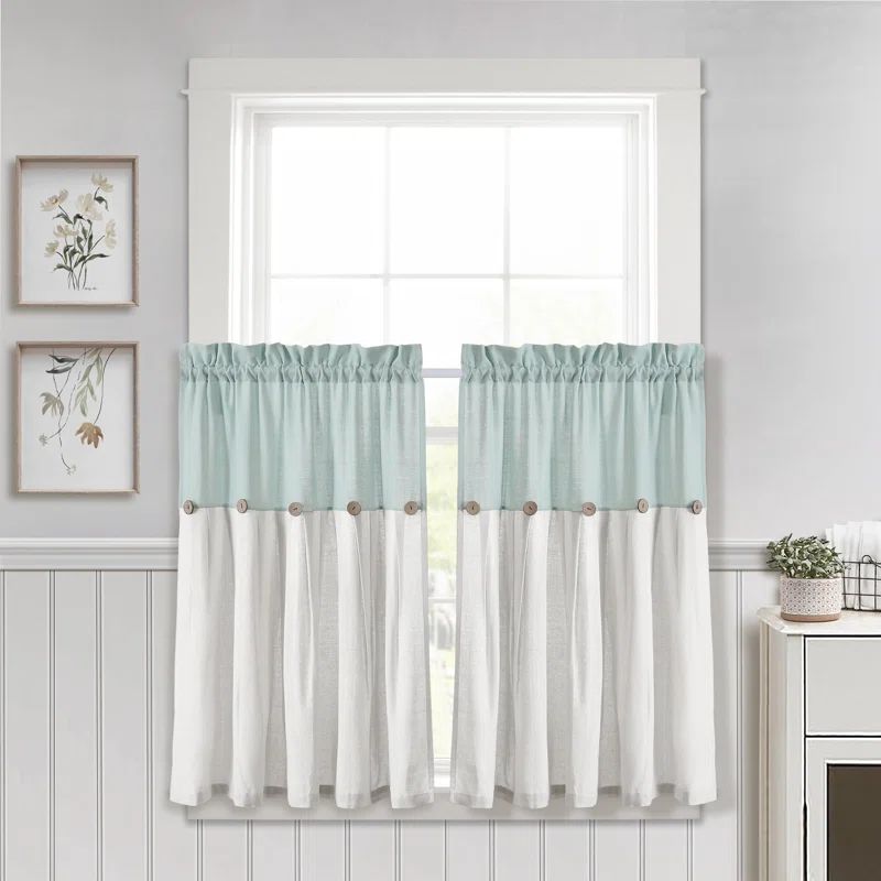 Blue and White Linen Button Kitchen Tier Curtains, 29" x 36"