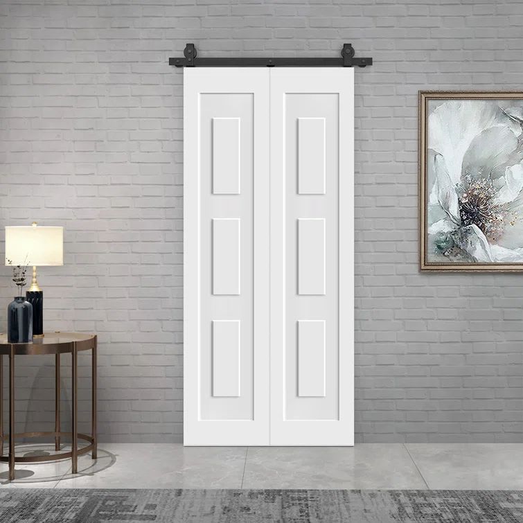 White 34" x 84" 3 Panel Shaker Bi-Fold Door with Sliding Hardware