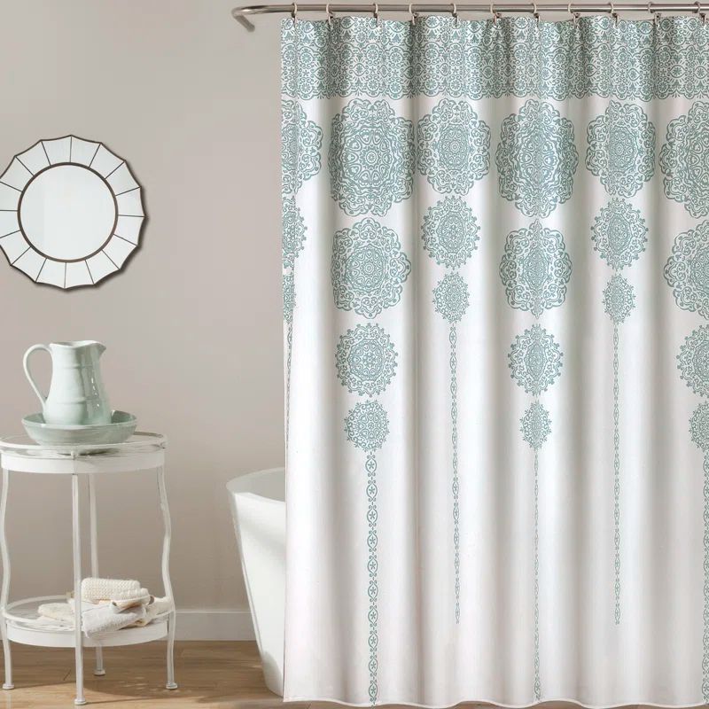 Blue and White Fabric Medallion Print Shower Curtain