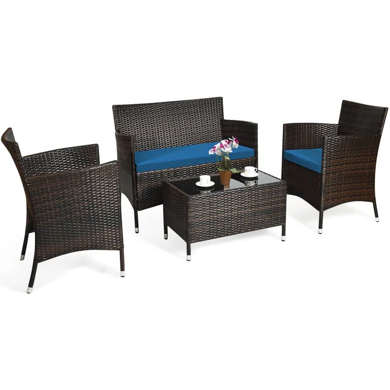 Rayna 4 Piece Blue Cushion Rattan Sofa Seating Group