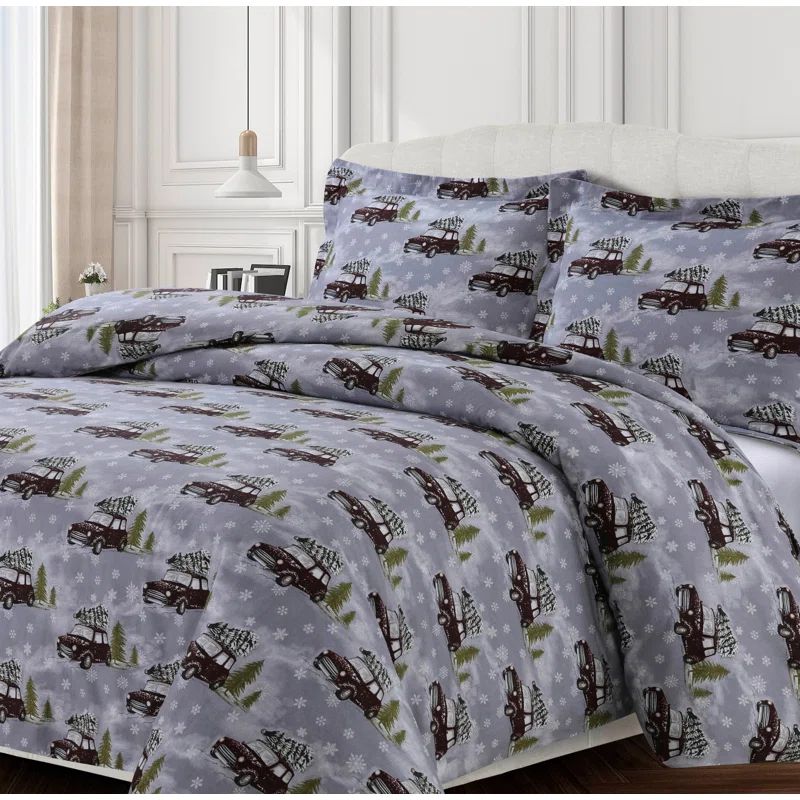 Gray Cotton Flannel Queen Holiday Duvet Set
