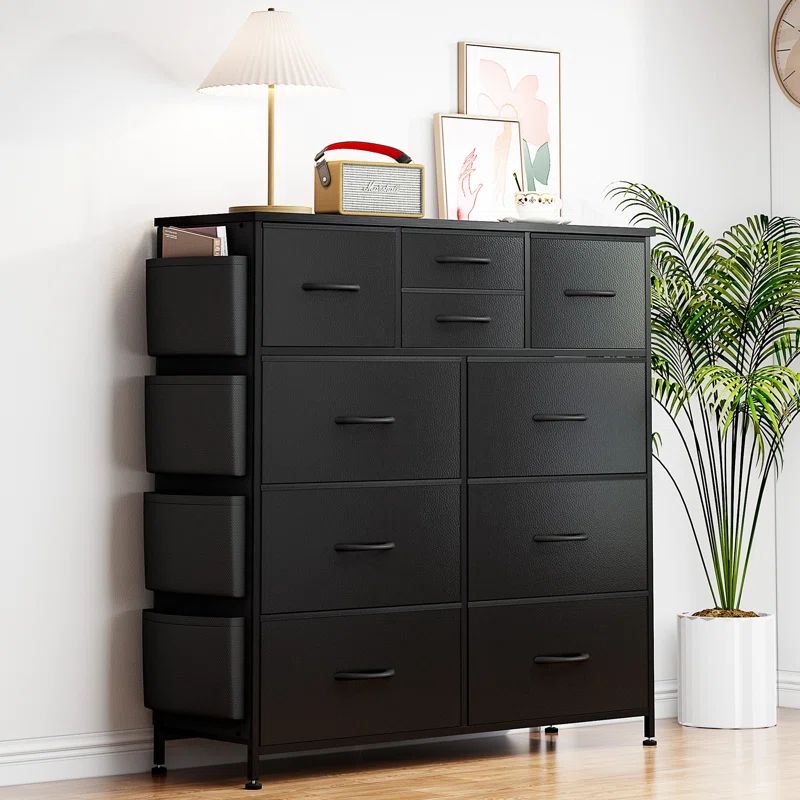 Black 10-Drawer Vertical Dresser with Side Pockets and Hooks
