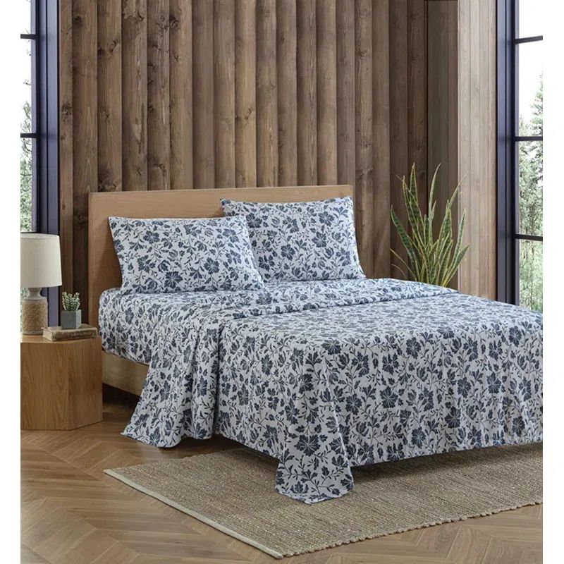 Twin Blue Cotton Percale Floral Sheet Set