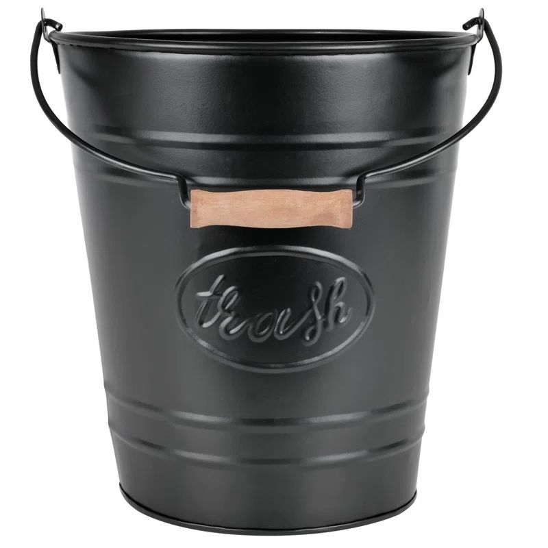 Matte Black Galvanized Metal Trash Can with Wooden Handle