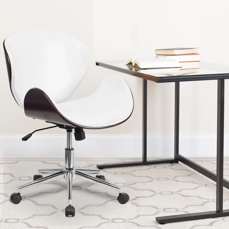 Mahogany and White Leather Mid-Back Swivel Office Chair