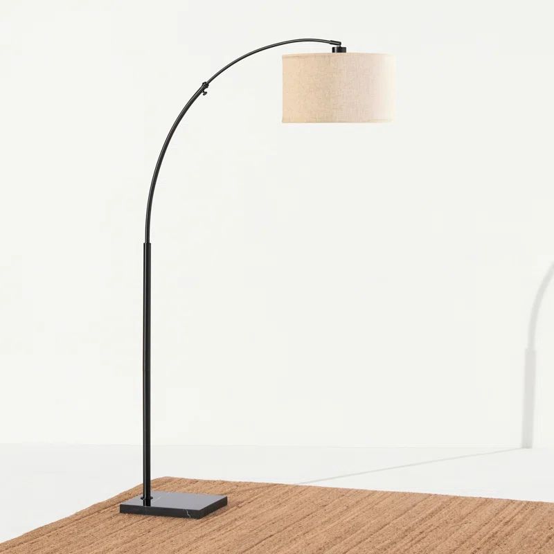 Logan Adjustable 76" Black LED Arc Floor Lamp with Beige Drum Shade