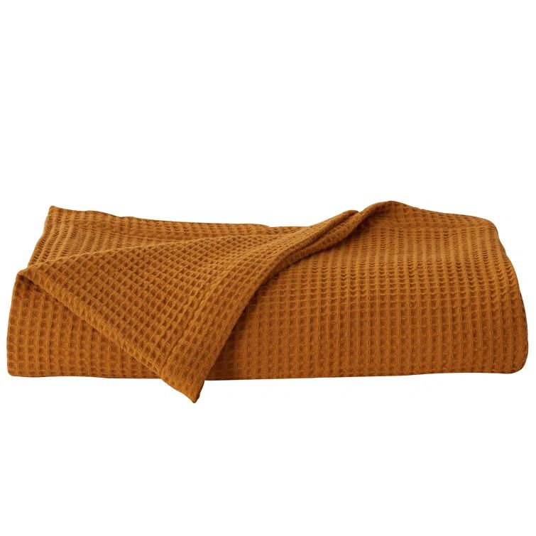 King Size Waffle Weave Cotton Knitted Blanket in Mustard
