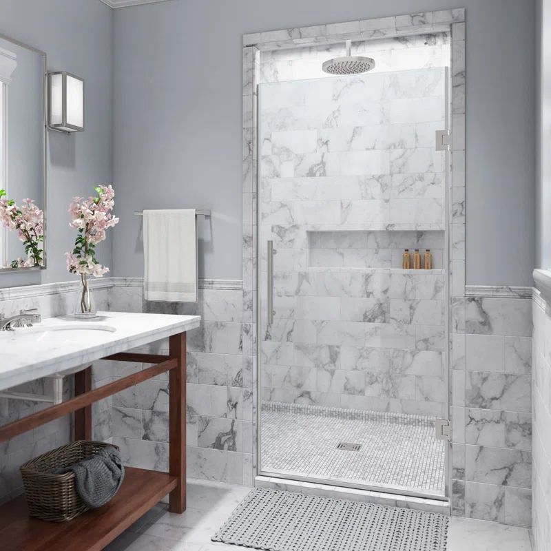 Kinkade Frameless Hinged Shower Door with Clear Tempered Glass and Chrome Hardware