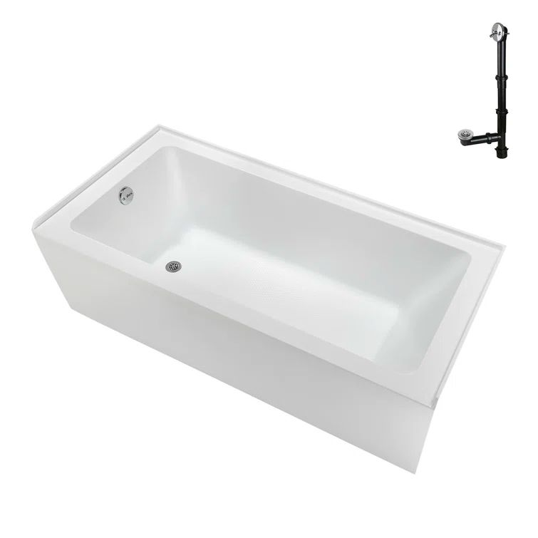 60-Inch Glossy White Acrylic Rectangular Alcove Bathtub with Polished Chrome Drain