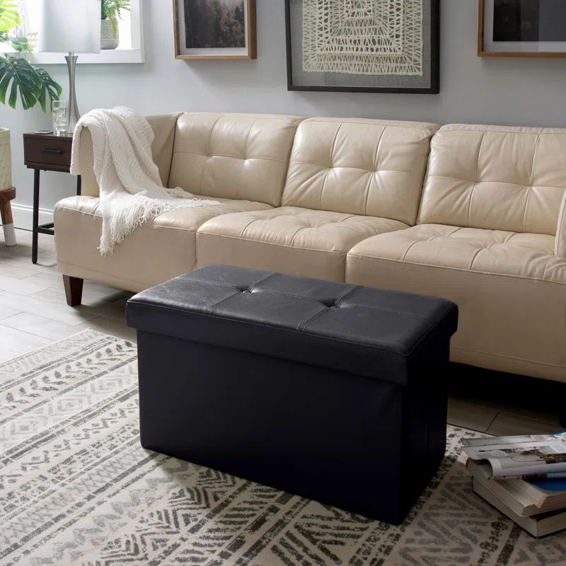Black Faux Leather Collapsible Storage Ottoman with Tufted Top