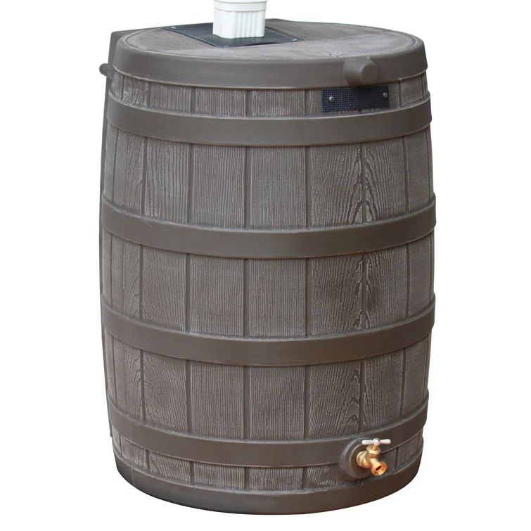 Oak Faux Wood 40-Gallon Rain Barrel with Flat-Back Design