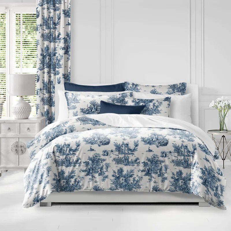Twin Blue and Ivory Cotton Toile Duvet Cover Set
