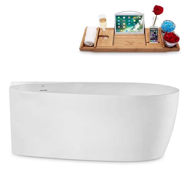 59" Glossy White Acrylic Freestanding Soaking Bathtub with Matte Black Trim