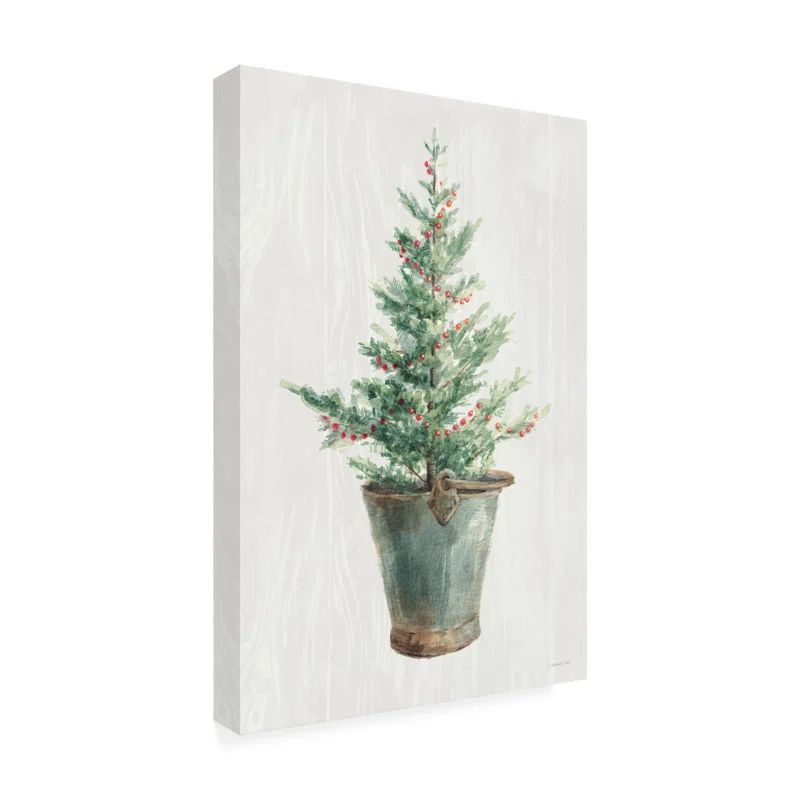 White and Green Christmas Tree Canvas Art with Wooden Frame