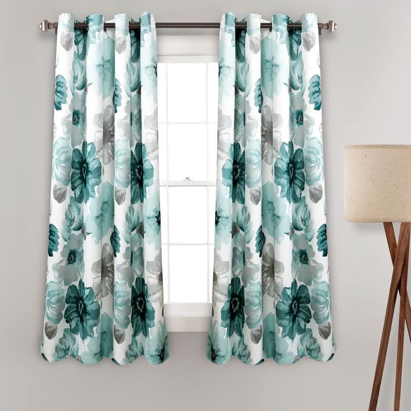 Leah Blue Floral Polyester Light Filtering Curtain Panels