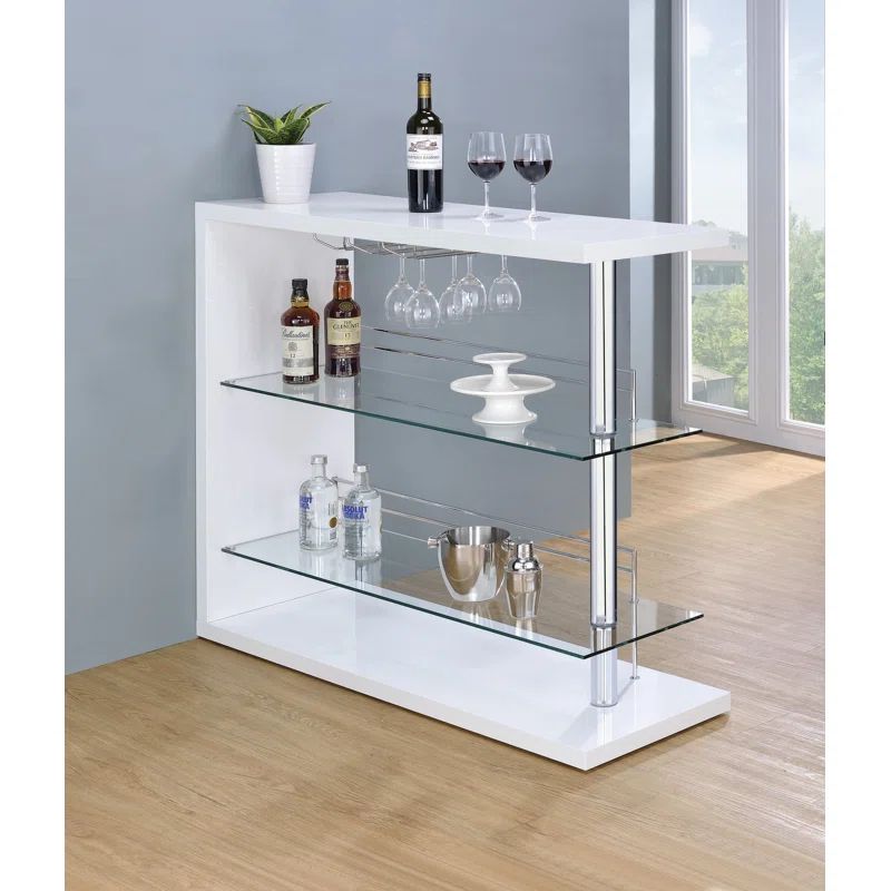 Contemporary White Wood and Glass Bar Table with Chrome Accents