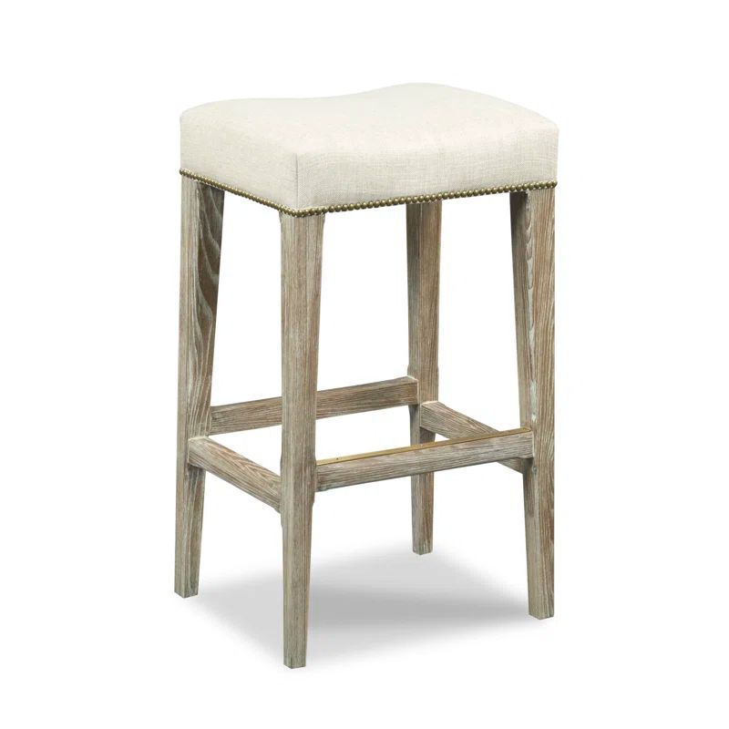 Vintage Beige Linen & Brass Nailhead Bar Stool 19''