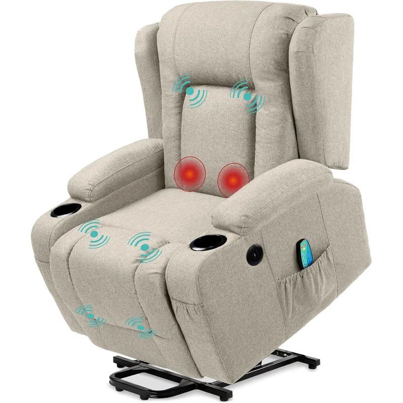 Greige Linen Heavy Duty Recliner with Massage and Metal Base
