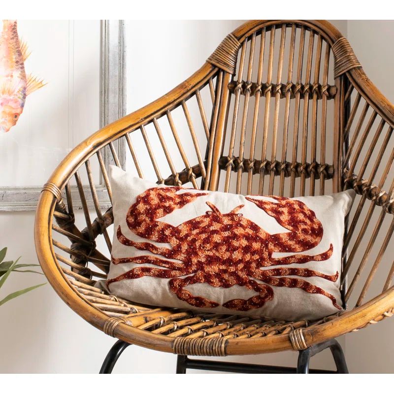 Lilia Beige and Red Nautical Crab Pillow, 12" x 20"
