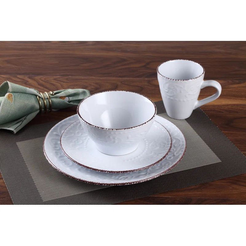 White Ceramic Scroll Pattern Dinnerware Set, Service for 4