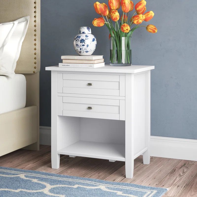 White Solid Wood 2-Drawer Bedside Nightstand