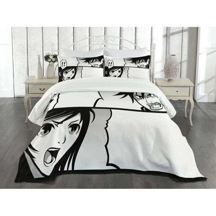 King Size White Quilted Anime Bedspread Set with Pillow Shams